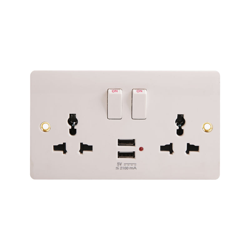 Bakelite 2 Gang Universal Switched Socket dengan 2 USB (5V 2100mA) HK6216V-UN-UB